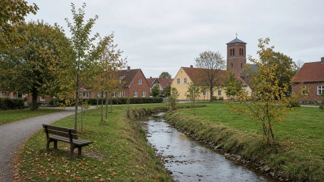 Græsplæne og træer i en bypark i Holbæk